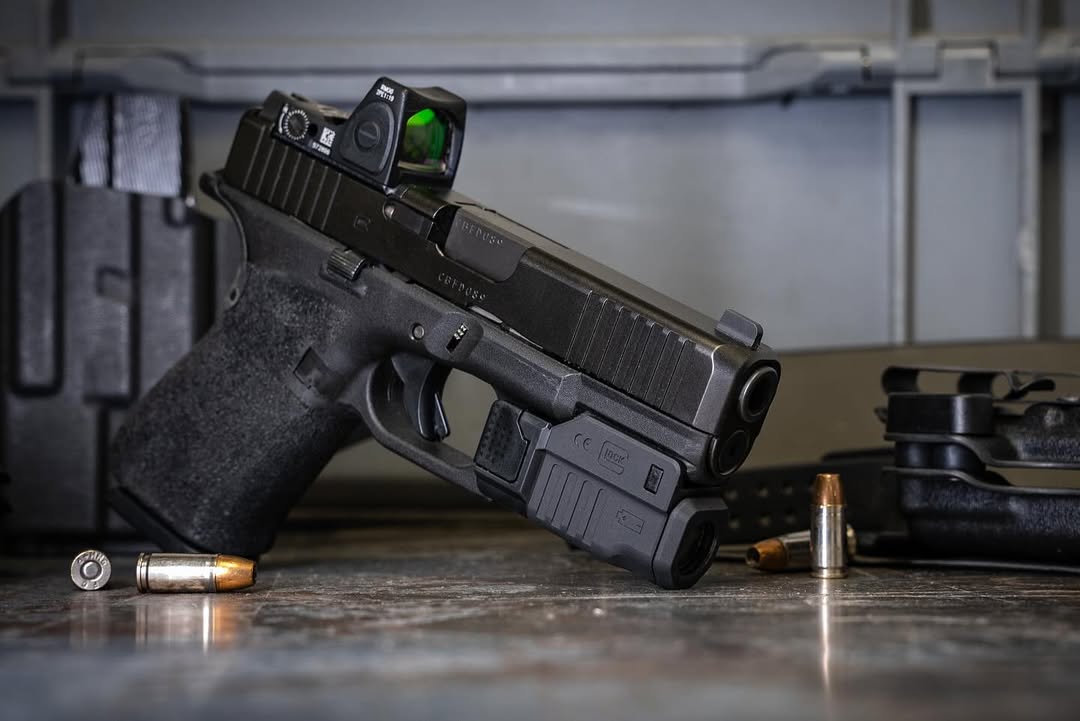 Handgun on a table for demonstration purposes.