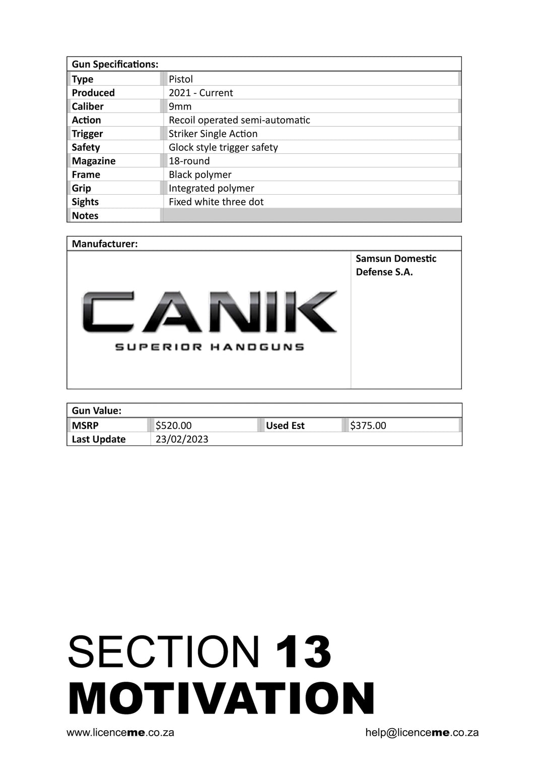 Example page for SAPS Firearm Motivation for handgun under Section-13