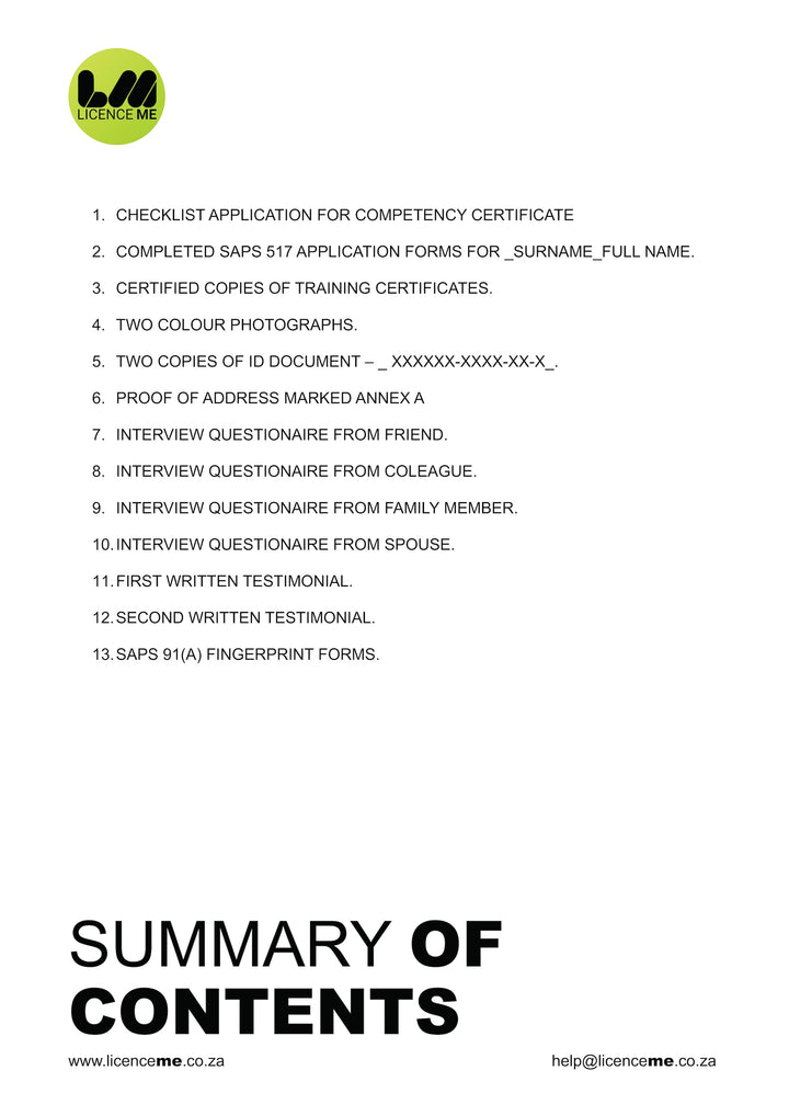 Checklist form for SAPS Competency Certificate Application from Licence Me