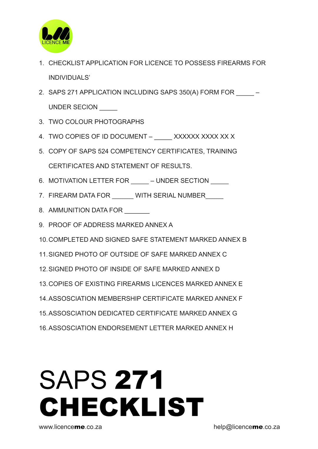 Checklist page for SAPS firearm licence applications for new gun licence applications.
