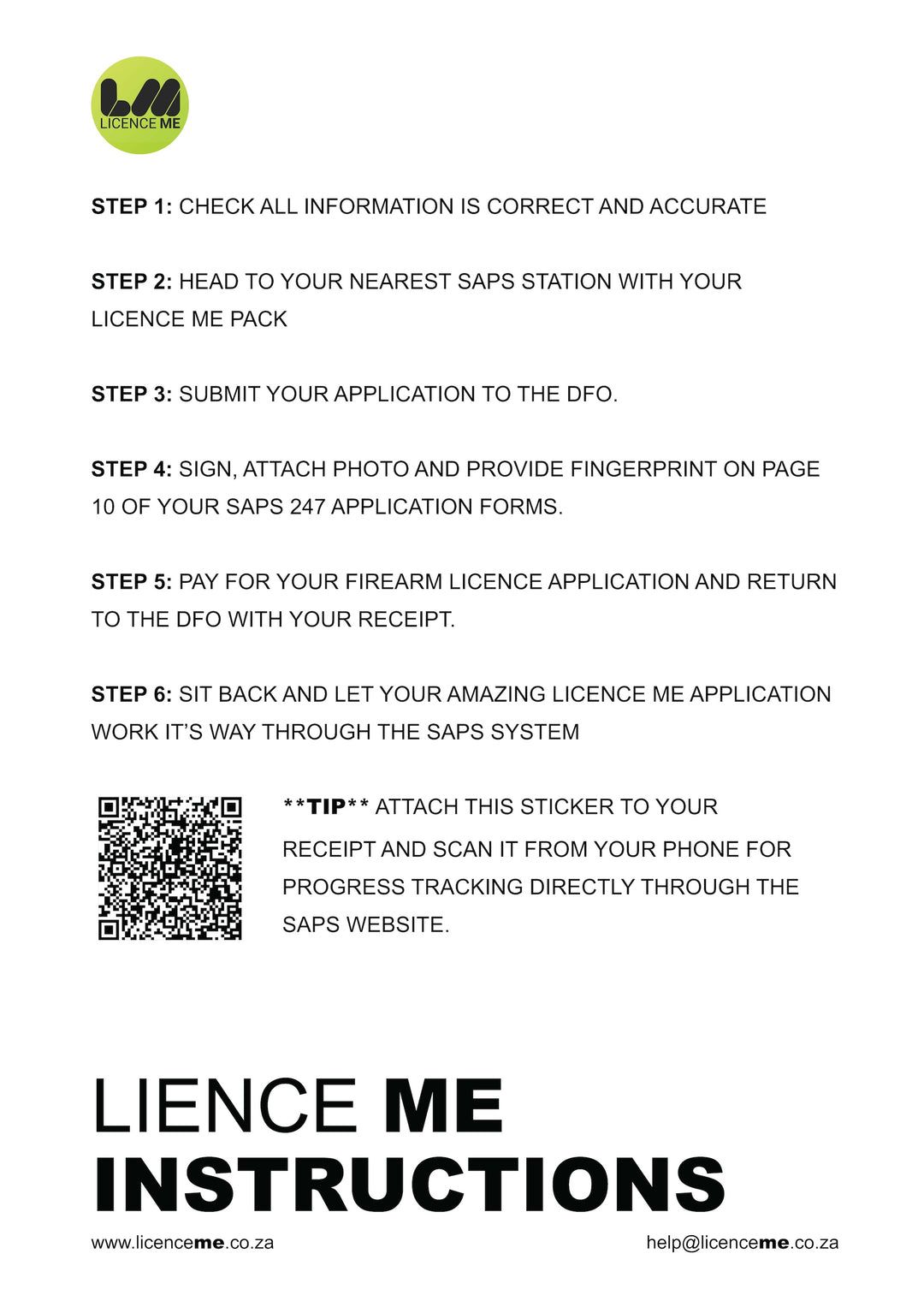 Instructions for submitting firearm licence application to SAPS DFO using Licence Me services.